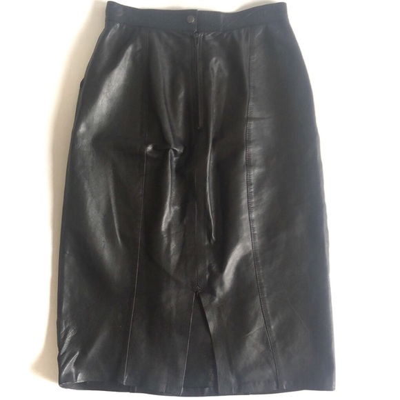 Vintage Leather Pencil Skirt size 12 Black Pockets Split Button & Zip - Picture 2 of 7